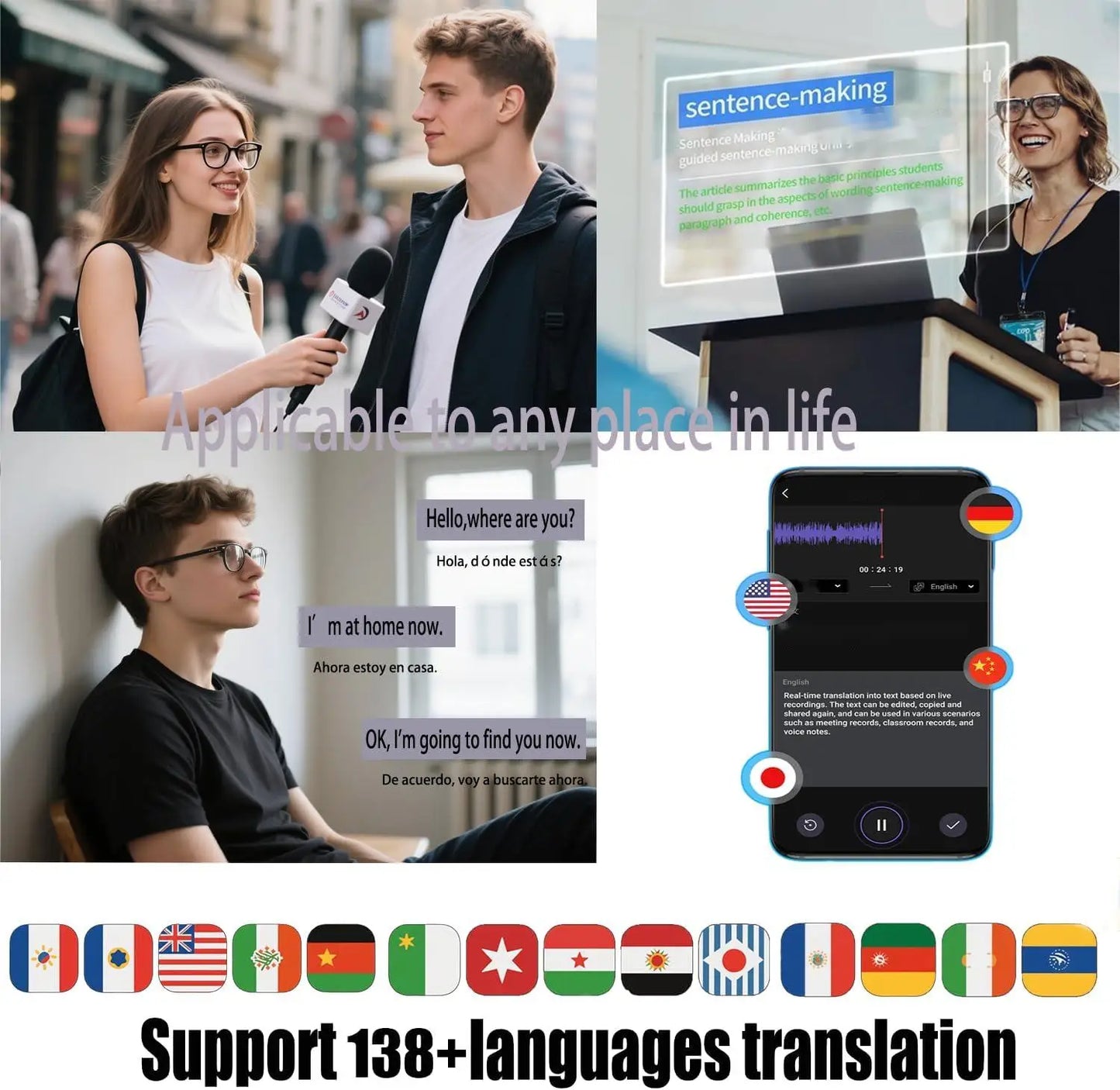 AI Translation Smart Glasses photochromic lenses, languages