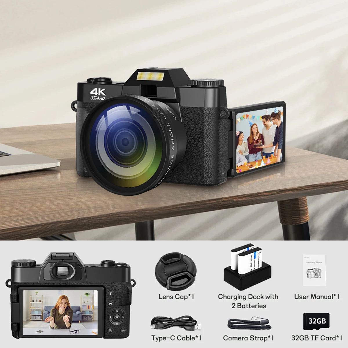 Compact Digital Camcorder Flip Screen Wide Angle