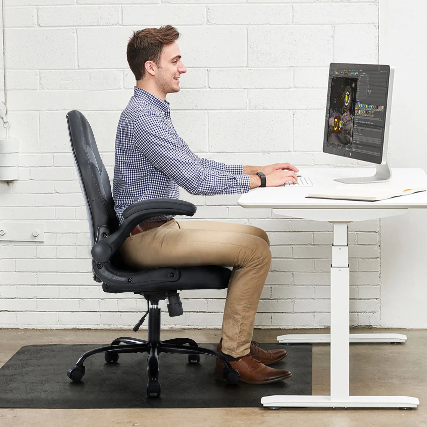 Ergonomic Desk Chair Adjustable Leather Flip-up Armrest