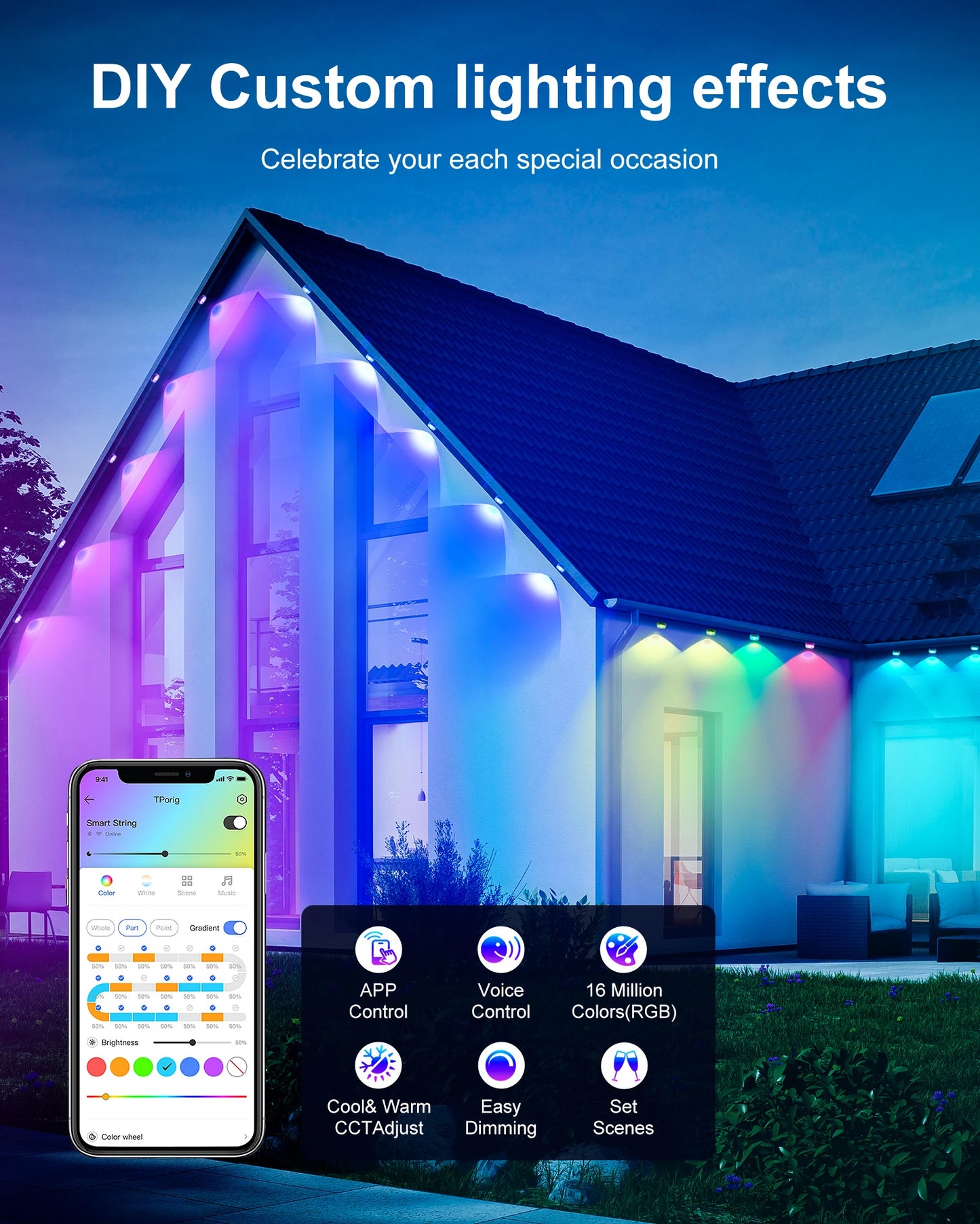 Permanent Outdoor Lights LED Waterproof, 100 Scene