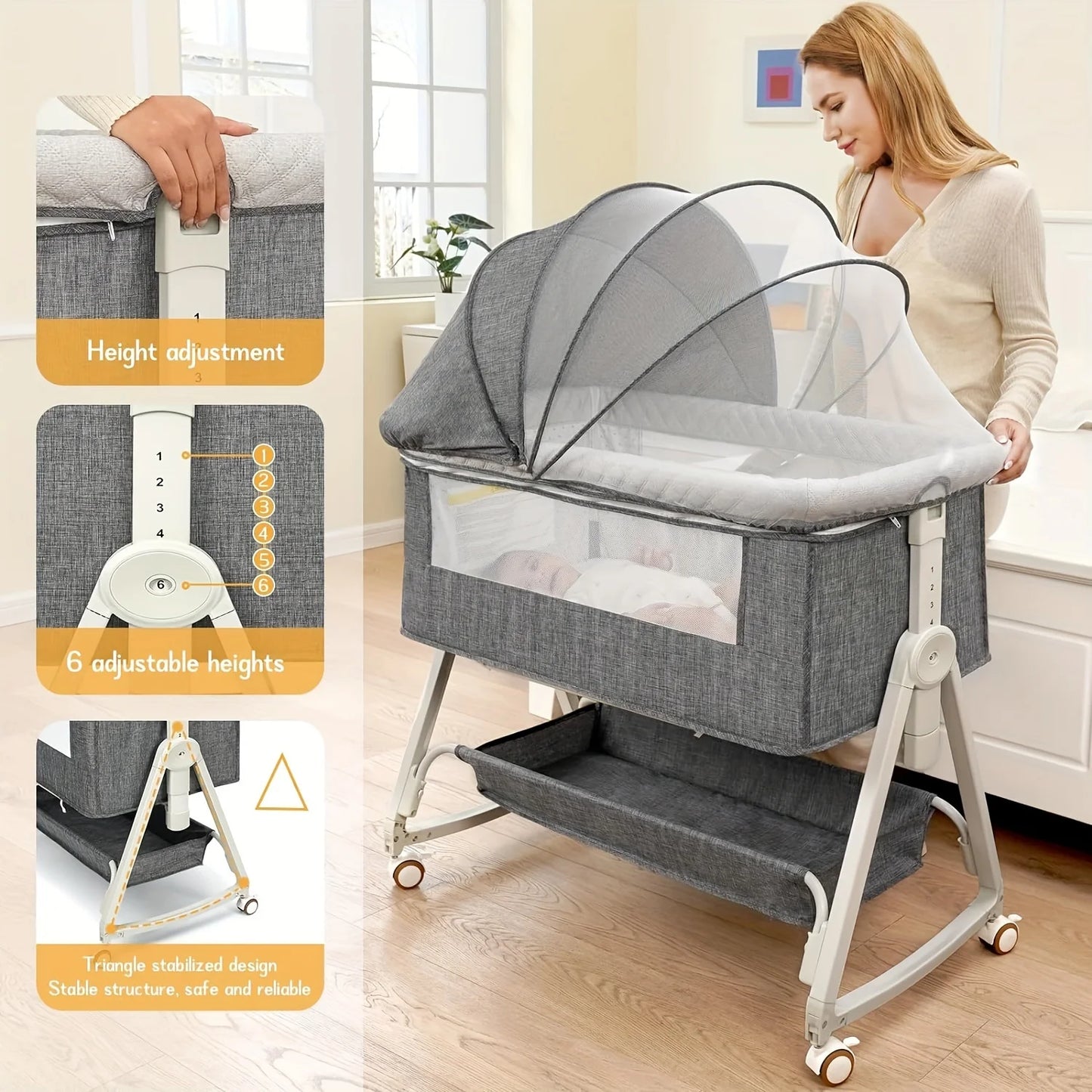 Baby Bassinet, Bedside Sleeper With Wheels