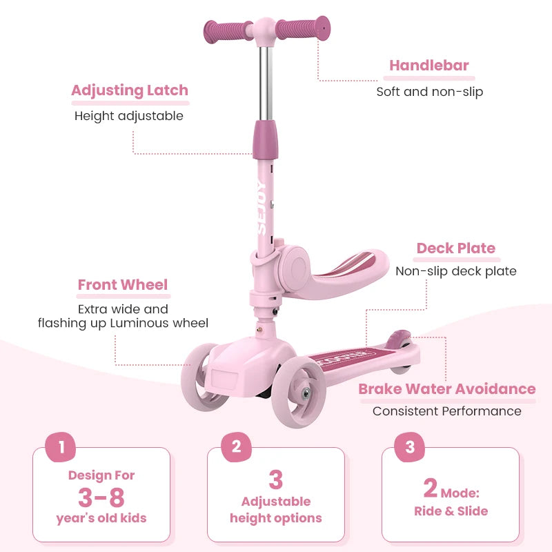 Kick Scooter Adjustable Handlebar , Foldable Seat, Stand