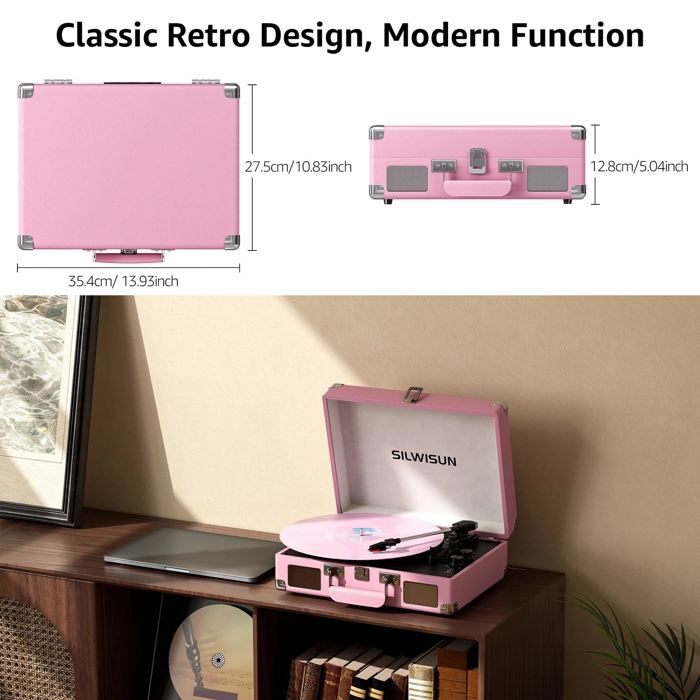Pink Record Player  Bluetooth, Built-in Speakers,