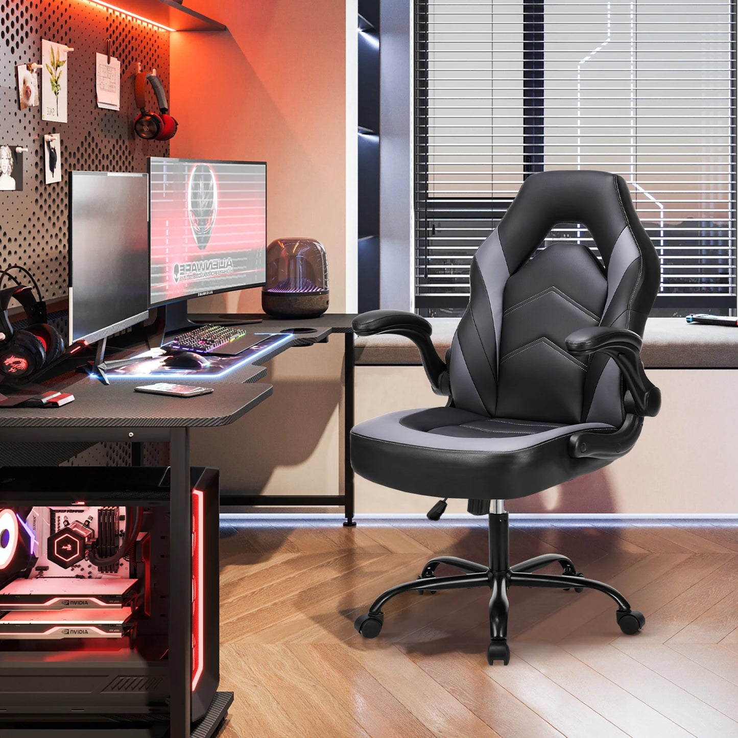 Ergonomic Desk Chair Adjustable Leather  Flip-up Armrest