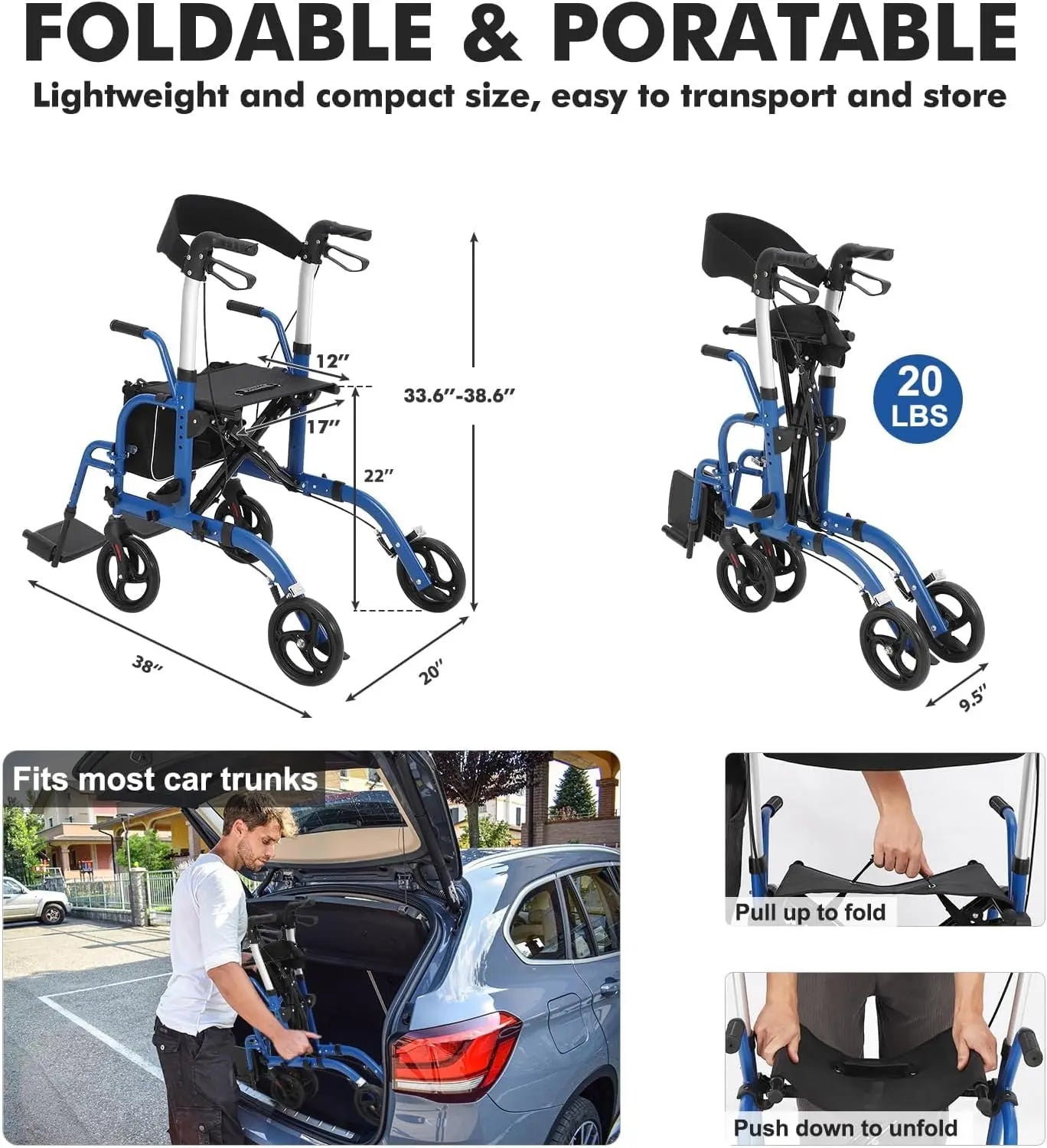 Walker Seat, Transport Wheelchair Seniors, Combo Medical