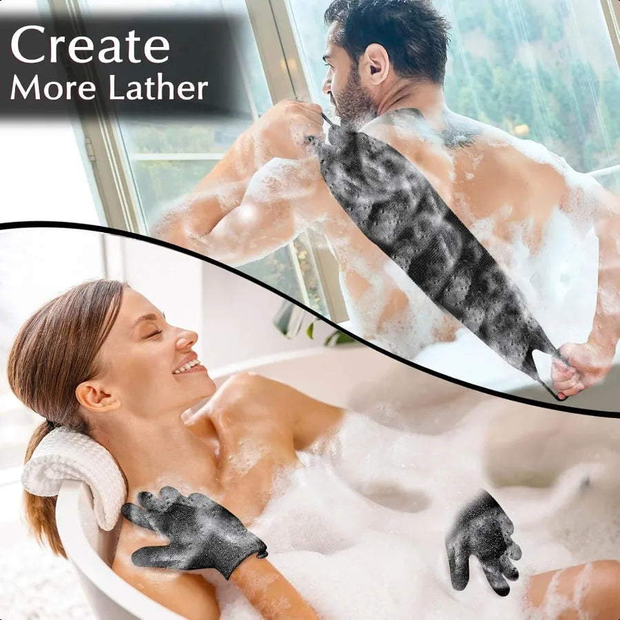 Exfoliating Back Scrubber Bath Towel Gloves Set