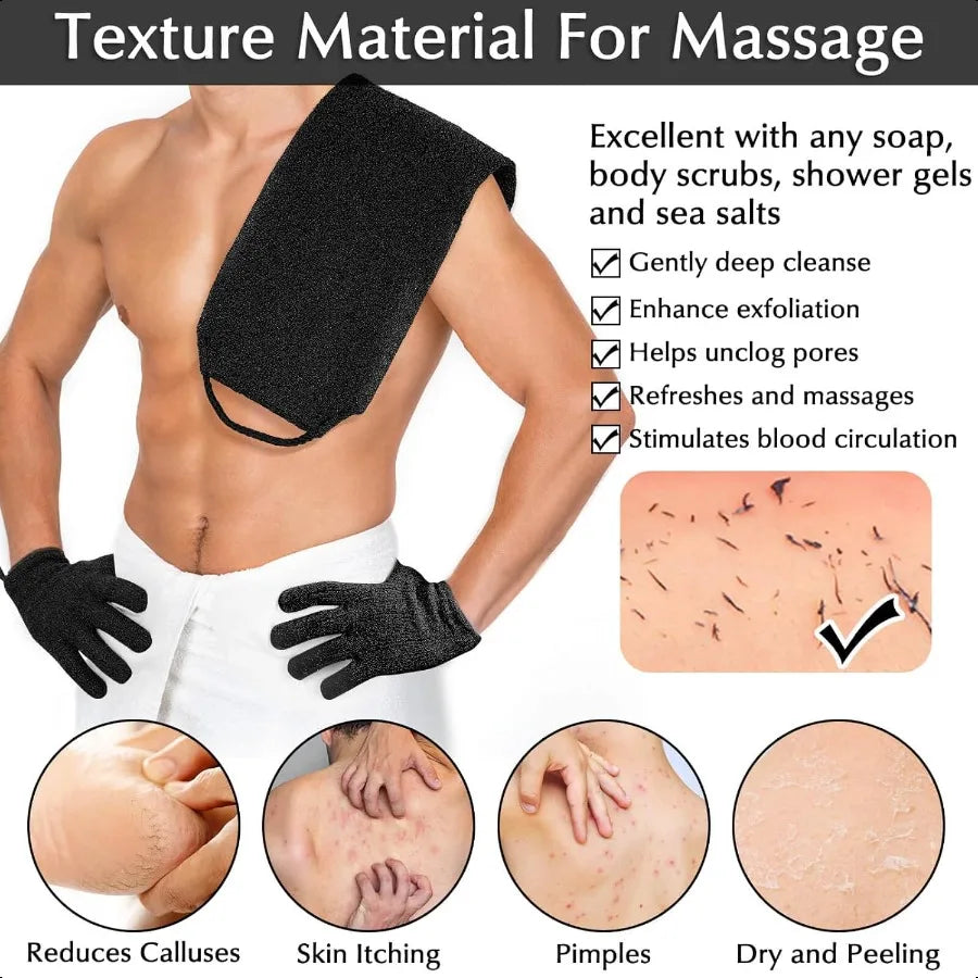 Exfoliating Back Scrubber Bath Towel Gloves Set