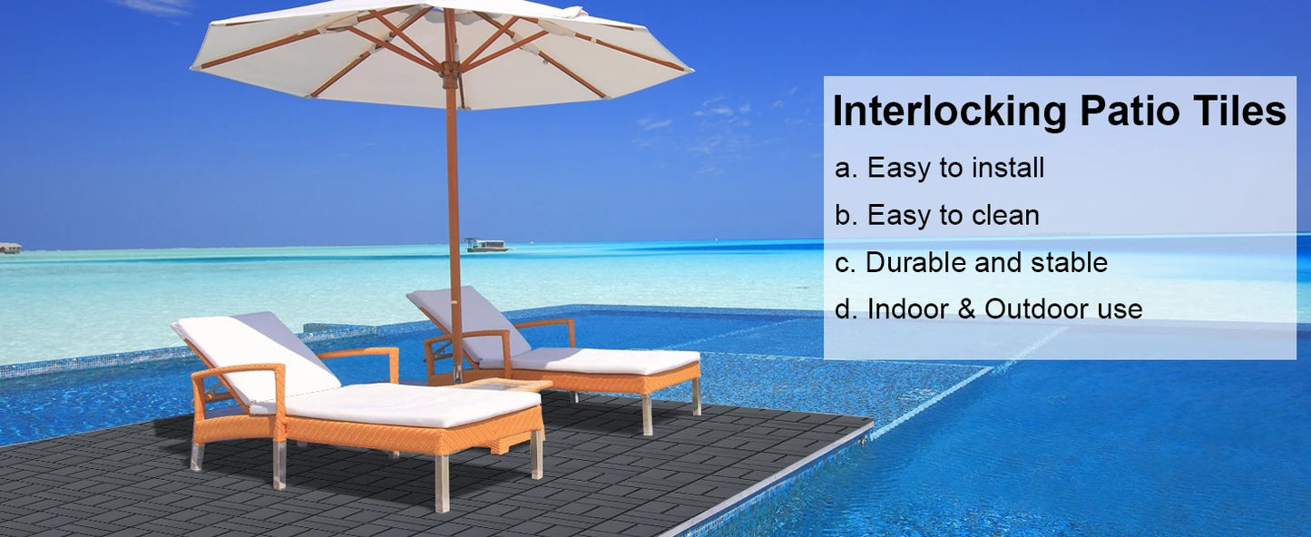 44 Pack Interlocking Patio Deck Tiles-12x12 Inch, Easy Install for Poolside, Balcony, Backyard - Durable Polypropyl