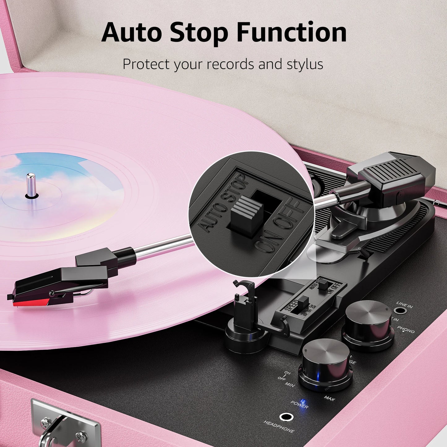 Pink Record Player  Bluetooth, Built-in Speakers,