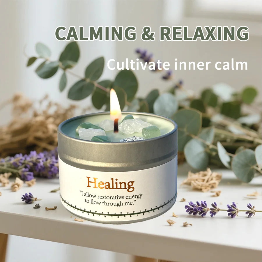Lavender Eucalyptus Scented Candle, Healing Ritual Crystals,