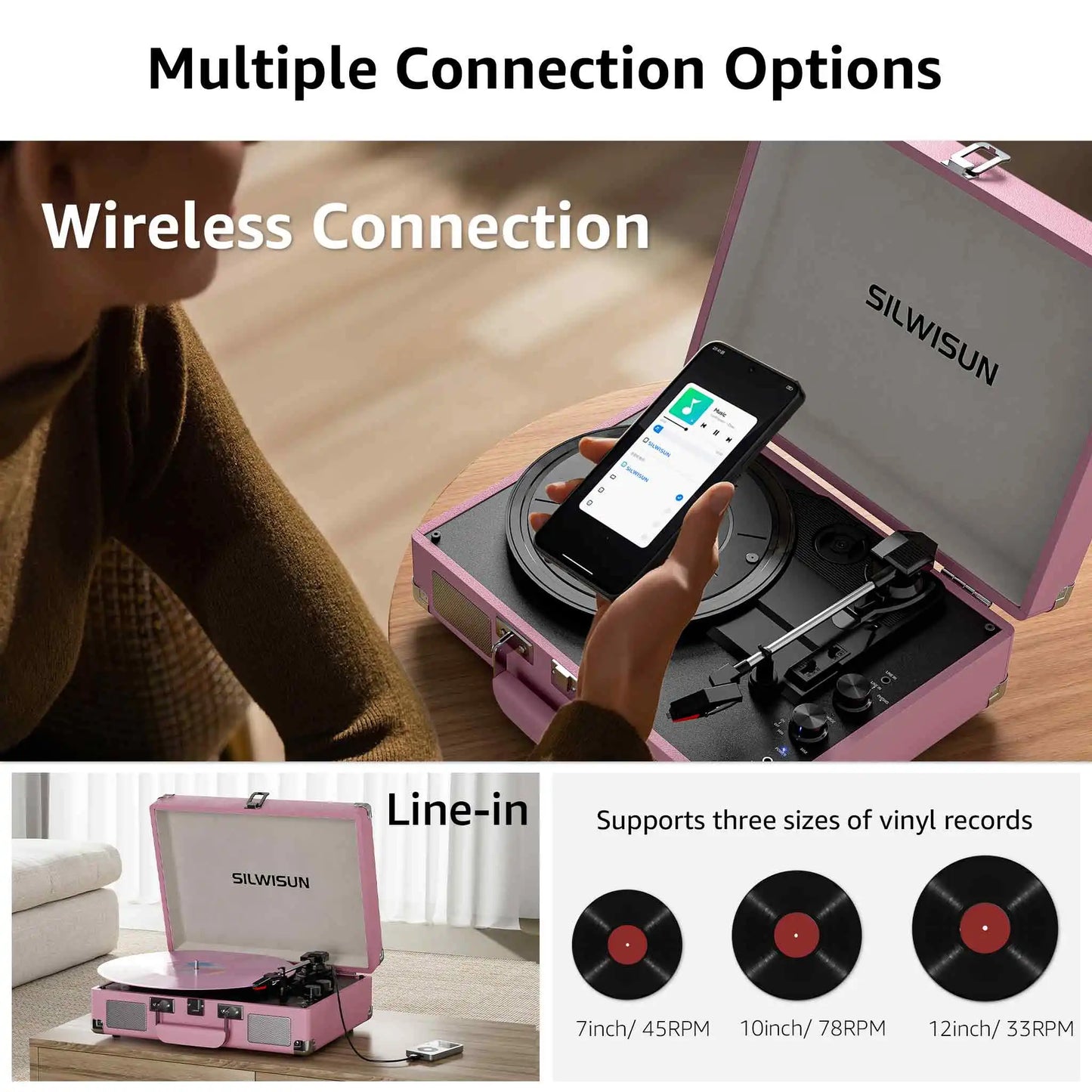 Pink Record Player  Bluetooth, Built-in Speakers,