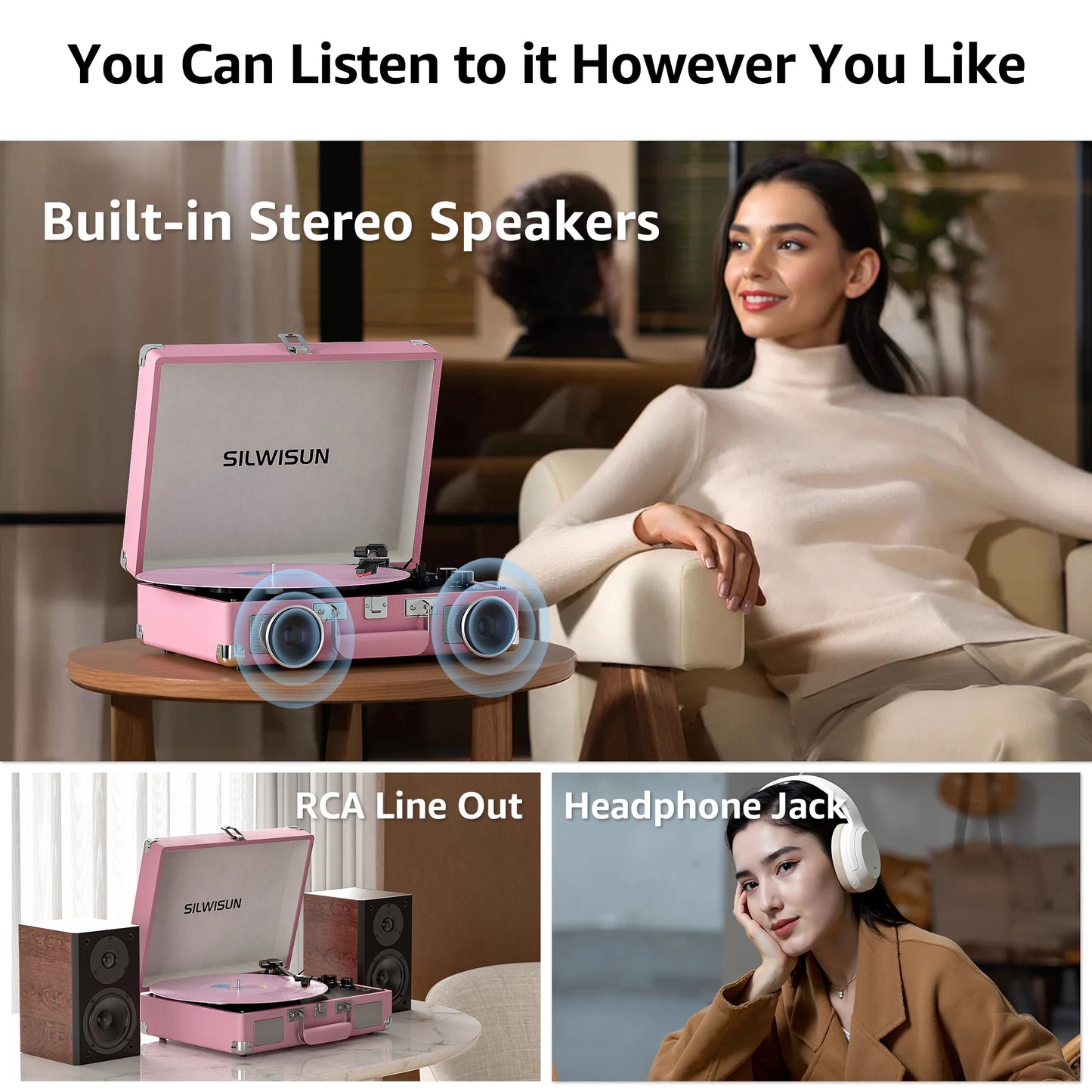 Pink Record Player  Bluetooth, Built-in Speakers,